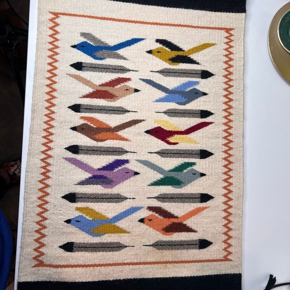 Navajo original wool pictorial rug handwoven birds and feathers